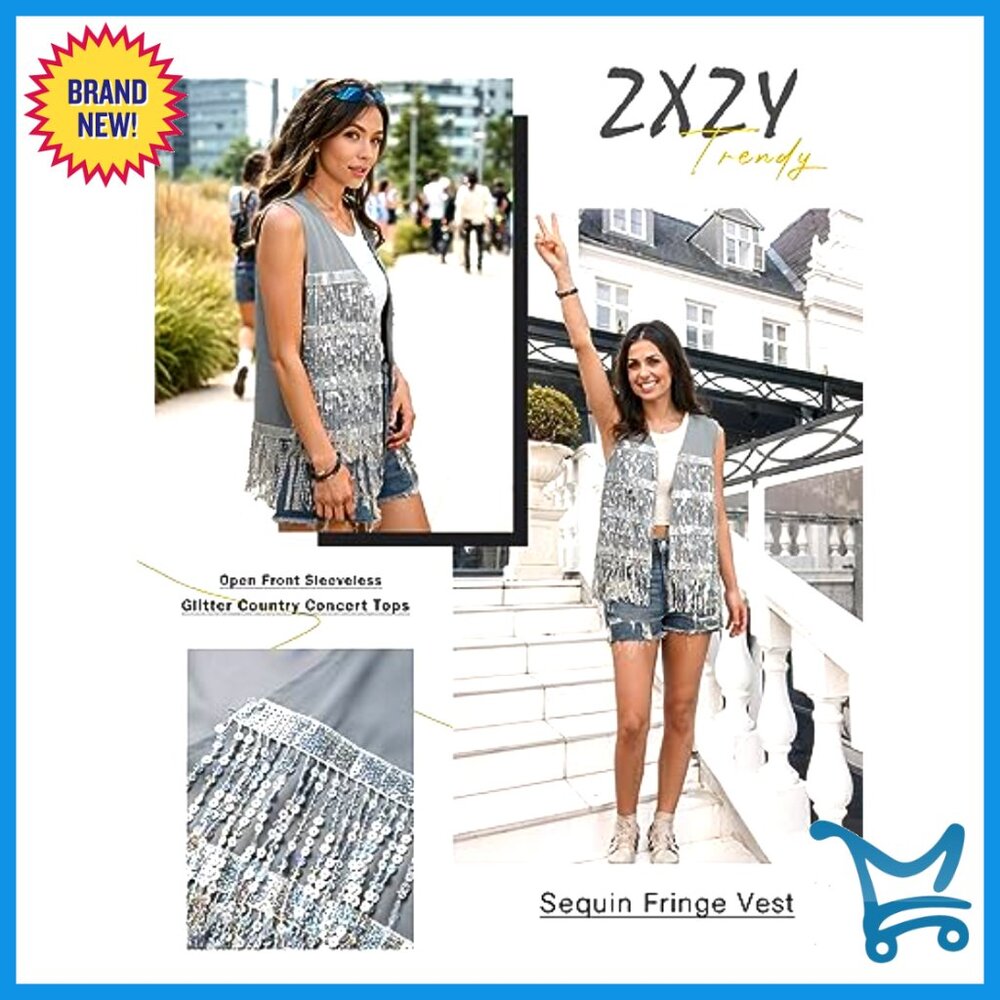 Sequin Fringe Sleeveless Vest Sparkly Lightweight Fitted Jacket Cardigan - Picture 5 of 6